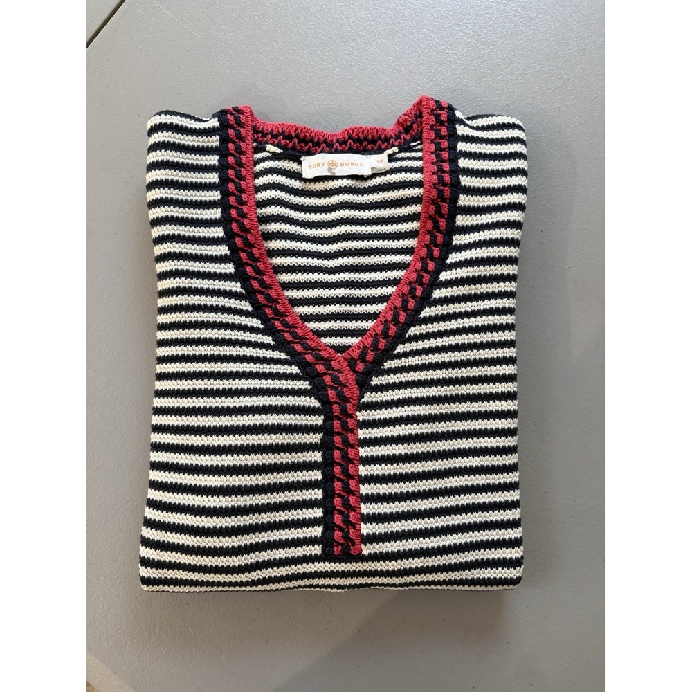 Tory Burch Sweater Women's Size S/P Striped V-neck Pullover 3/4 Sleeve Cotton - Picture 7 of 13